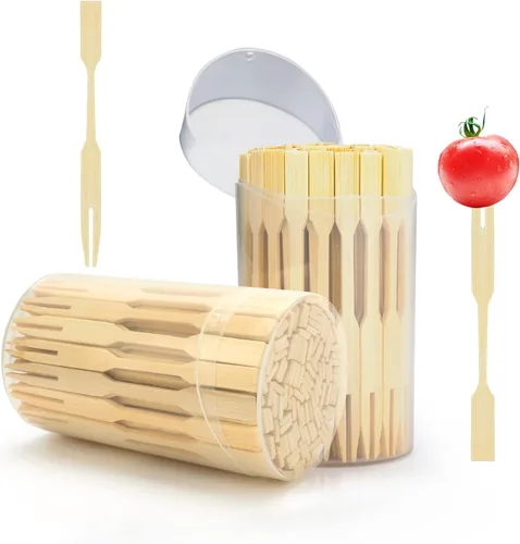 Vista 9 de Mini tenedores de bambú de 3.5 pulgadas, tenedores pequeños para postre, tenedores de cóctel, palillos de dientes de doble punta para aperitivo
