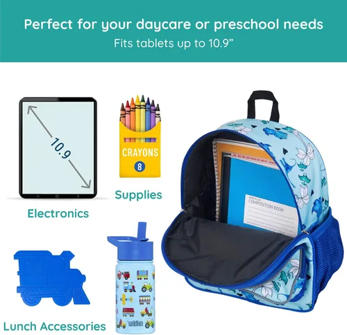 Vista 5 de Wildkin - Mochila infantil de 12 pulgadas – Acolchada, ajustable, ideal para guardería y viajes, Dino azul, Escuela