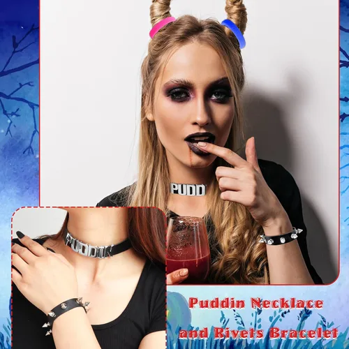 Vista 2 de YANCHUN Gargantilla Puddin para mujer, pulsera de cuero con pinchos, accesorios de disfraz de Halloween