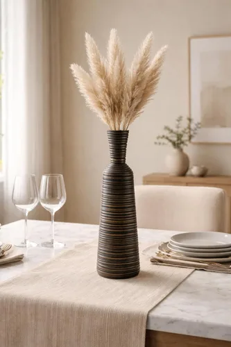 Vista 3 de AeraVida Jarrón de madera de mango en forma de botella de 14 pulgadas con rayas horizontales, jarrón alto de madera natural rústica para seda