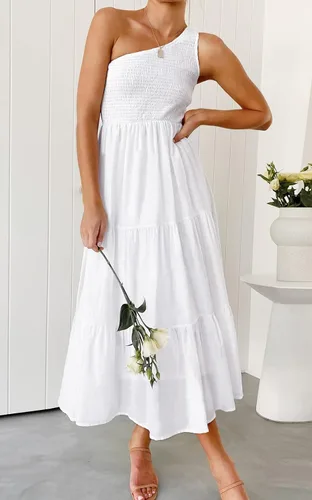 Vista 5 de ZCSIA - Vestido de verano bohemio para mujer, con un hombro descubierto, sin mangas, unicolor, largo debajo de la rodilla y con holanes escalonados