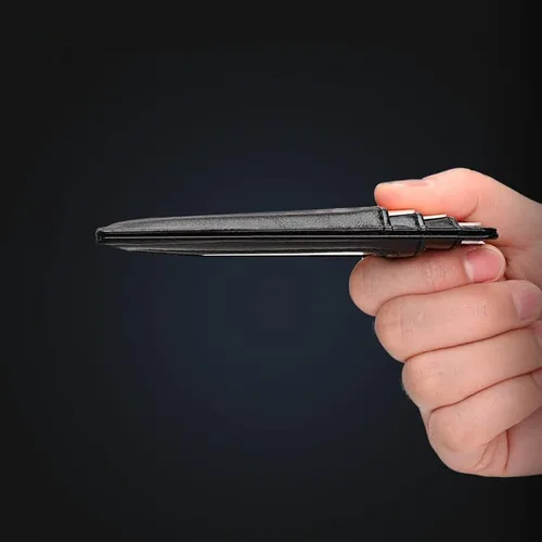 Vista 6 de Cartera delgada minimalista de cuero para tarjetas de crédito RFID bloqueo con ventana de identificación