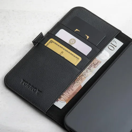 Vista 4 de TORRO Funda de cuero compatible con iPhone 14 Pro Max - Funda de piel auténtica tipo cartera con tarjetero y función atril (negro)