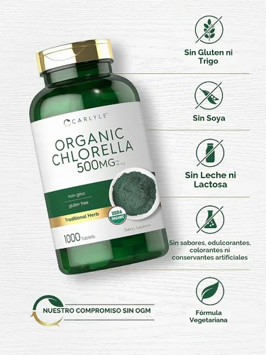 Vista 4 de Carlyle Chlorella Tabletas orgánicas 500 mg 1000 unidades Suplemento vegetariano, sin OMG y sin gluten
