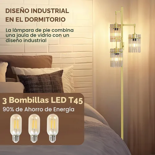 Vista 3 de Lámparas de pie industriales modernas para sala de estar, lámparas altas de pie de árbol de vidrio regulables con 3 elegantes cabezales de jaula