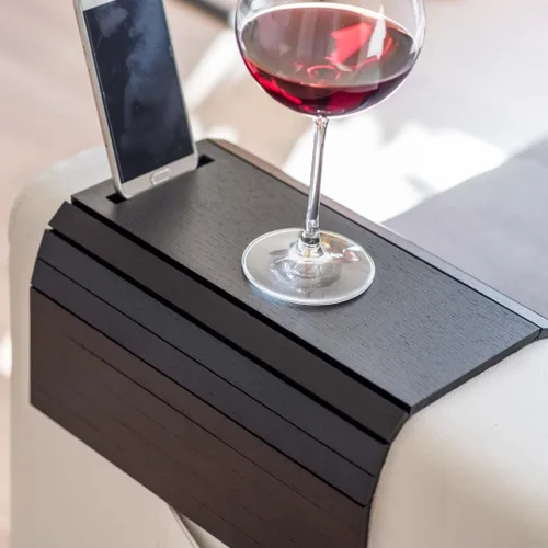 Vista 9 de Bandeja de brazo de sofá, mesa de sofá, mesita de noche, posavasos de madera, taza de café, reposabrazos plegable, protector de extremo, plegable