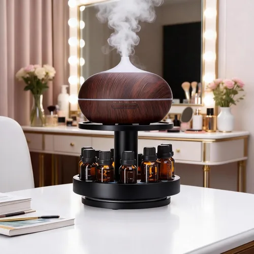 Vista 6 de TJ.MOREE Bamboo Essential Oil Organizer 2-Tier Carousel Holder, Black Bamboo Material, Fits 5 ml to 30 ml Essential Oil Bottles, Suitable for Home