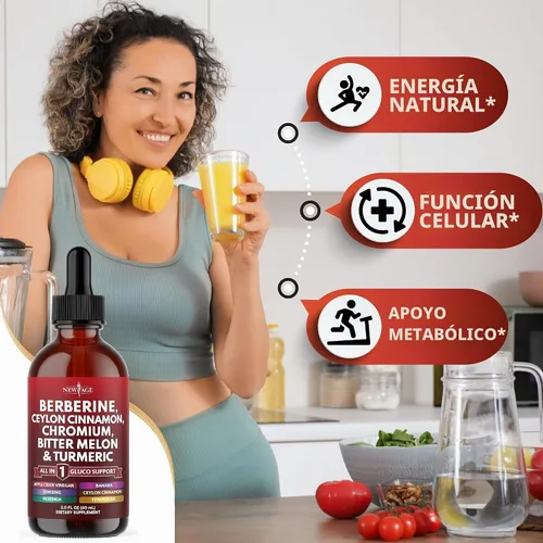 Vista 4 de NEW AGE Berberina con suplemento de canela de Ceilán gotas líquidas + extracto de melón amargo, glucomanano, gimnasia, cromo, cúrcuma, panax