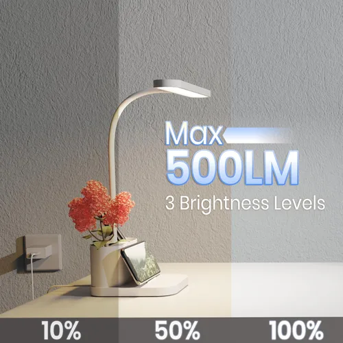 Vista 3 de AXX Lámpara de Escritorio Blanca para Dormitorio Universitario, Bonita, LED, Regulable, Pequeña, Portabolígrafos, Cuello de Ganso Flexible, Control
