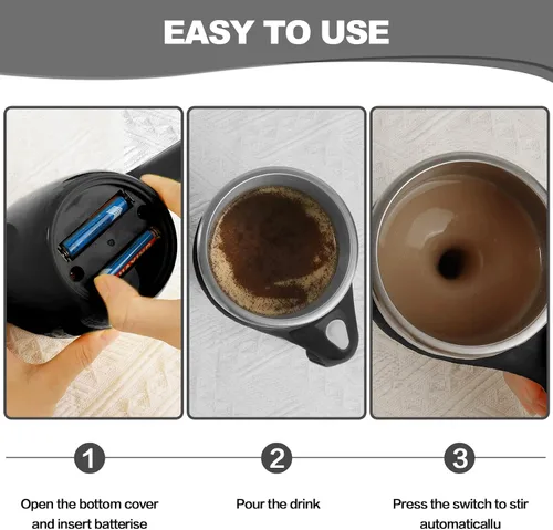 Vista 4 de Taza de café con agitación magnética automática, taza giratoria para mezcla en casa, oficina y viaje, divertida taza eléctrica de acero inoxidable