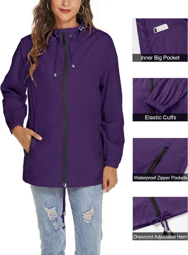Vista 3 de Avoogue Chaqueta impermeable para mujer, ligera, transpirable, con capucha, rompevientos activos con bolsillo