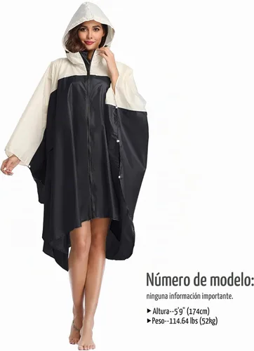 Vista 3 de SaphiRose - Poncho de lluvia unisex impermeable con capucha para mujeres adultas con bolsillos A-negro-blanco