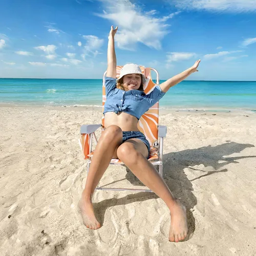 Vista 7 de Silla de playa para adultos, mochila plana de 5 posiciones con enfriador, portavasos y bolsa de almacenamiento, tumbona de playa portátil plegable