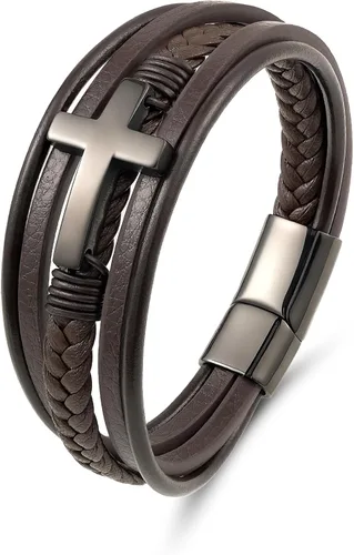 Vista 14 de Pulsera de cuero para hombre con cruz trenzada de varias capas con cierre de acero inoxidable, regalos religiosos cristianos para él