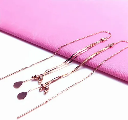 Vista 4 de SAGEKING 2024 New 585 Purple Gold Plated 14K Rose Gold New In Soft Chain Tassel Round Bead Earrings For Women Classic Water Drop Ear Line Jewelry