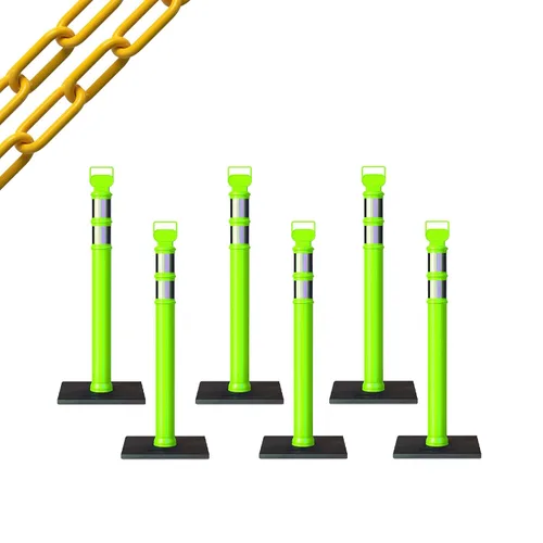 Vista 48 de CCW 6-Pack 45" Delineador Post Kit Kit de 3.0 in collares reflectantes, base de goma de 10 lb (6 postes blancos con cadena negra de 50 pies)