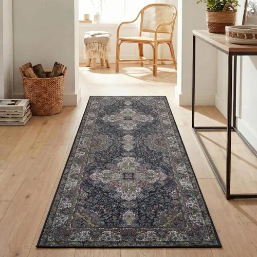 Vista 2 de SUPERIOR Medallion - Alfombra lavable, respaldo de algodón, alfombra para mesa de comedor, alfombra para vestíbulo, de fácil cuidado, alfombra Negro