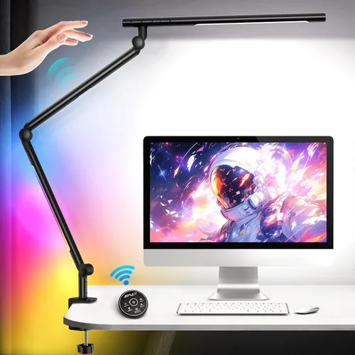 Vista 8 de Lámpara de escritorio LED con abrazadera, luz de escritorio de arquitecto de doble luz ultra brillante con brazo oscilante ajustable, 4 modos