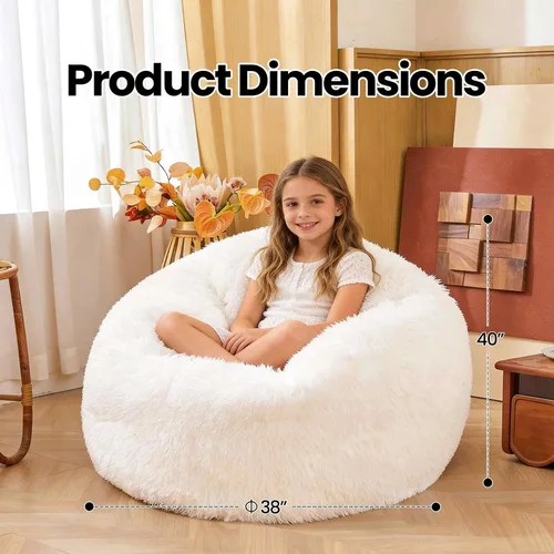 Vista 2 de Fundas para puf de pelo sintético mullido color beige, funda para silla puff de felpa suave color beige para niños y niñas, almacenamiento de puf