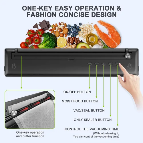 Vista 4 de Máquina selladora al vacío para almacenamiento de alimentos, 5 en 1 con cortador, sellador al vacío de alimentos con modos seco y húmedo, incluye 15