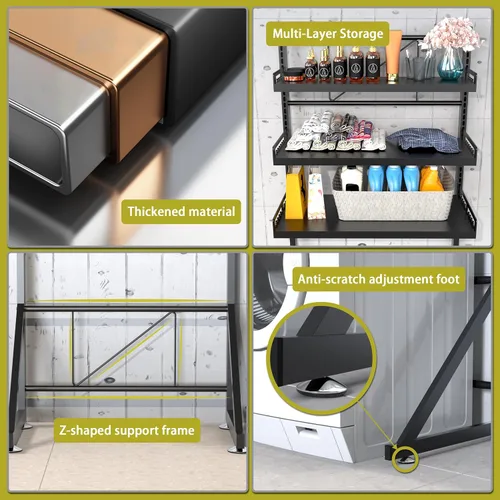 Vista 6 de Estante de almacenamiento para lavadora de 3 niveles de altura ajustable, organizador de almacenamiento grande para baño para ahorrar espacio (negro)