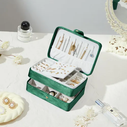 Vista 7 de BUTI4WLD Joyero pequeño de terciopelo para mujeres y niñas, estuche portátil de viaje de doble capa para anillos, colgantes, aretes, collares