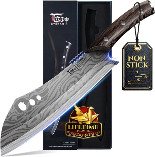 Vista 10 de SYOKAMI Cuchillo de chef con funda, cuchillo de carnicero de 7.7 pulgadas con pelador de hierbas, cuchillo de cortar huesos resistente, mango