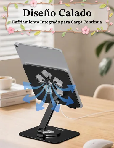Vista 3 de Soporte para Tablet para iPad, Soporte Plegable de Aluminio Giratorio 360° – Soporte de Escritorio Ajustable Compatible con iPad Pro 12.9/11 Negro