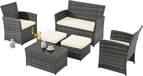 Vista 6 de Juego de muebles de patio de 6 piezas, juego de conversación de mimbre para exteriores, sofá modular de ratán con mesa de centro de cristal