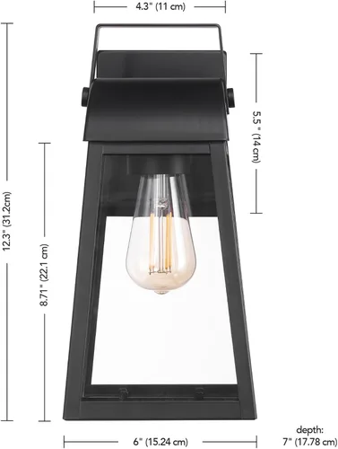 Vista 2 de GLOBE Electric 60000029 Aplique de pared para exteriores de 1 luz, negro mate, pantalla de vidrio transparente, luz de porche, luces de pared