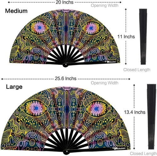 Vista 3 de Abanico para rave con brillo ultravioleta, abanico de mano plegable de bambú para hombres y mujeres (psicodélico espacial, mediano de 11 pulgadas)