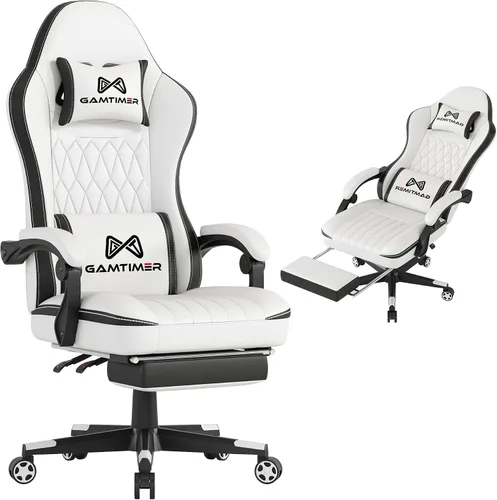 Vista 9 de Gamtimer - Silla de juegos con reposapiés, silla ergonómica para computadora, material transpirable de poliuretano con reposacabezas y soporte