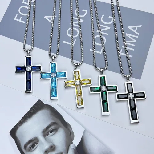 Vista 6 de Collar de cruz para hombre, piedras preciosas de color piedra natal de circonita cúbica, collar de acero inoxidable para hombre, cadena de 24