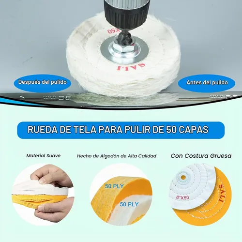 Vista 4 de SALI Paquete de 4 ruedas de pulido para esmeriladora de banco, rueda de pulido de algodón amarillo de 6 pulgadas (50 capas) para pulidora