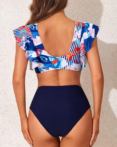 Vista 6 de Benfoly Conjunto de bikini de cintura alta con volantes para mujer, traje de baño de dos piezas con control de abdomen, cobertura completa