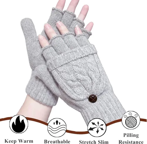 Vista 59 de Beurlike Guantes de invierno para mujer, de lana cálida, a prueba de viento, convertibles, sin dedos