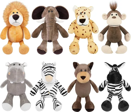 Vista 8 de Elcoho Juego de 8 animales de peluche de safari de 9.8 pulgadas, animales de peluche de zoológico, lindos juguetes de peluche para fiestas temáticas