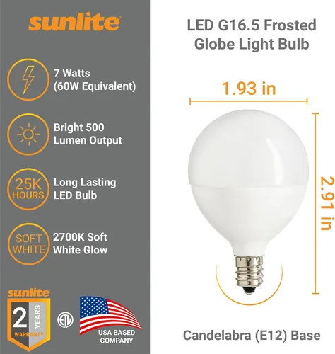 Vista 2 de Sunlite Bombilla LED G16.5, 7 vatios (equivalente a 60 W), 500 lúmenes, regulable, base de candelabro tipo G en forma de globo E12, bombillas Frost