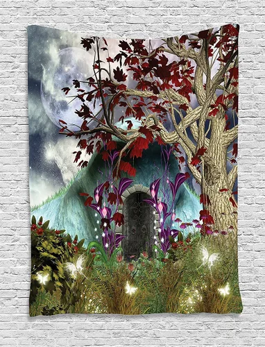 Vista 144 de Ambesonne Tapiz bohemio, diseño floral de bruja, luna y mariposa con adornos de mandala, decoración de tela para colgar en la pared para dormitorio