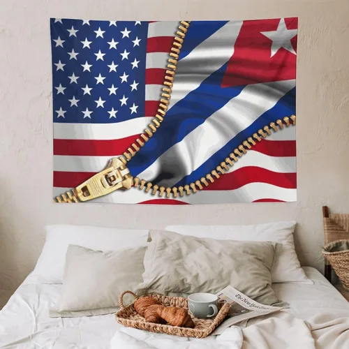 Vista 7 de Tapiz de bandera estadounidense y bandera cubana para dormitorio, tapices negros para colgar en la pared, manta para hombres y mujeres, fiesta