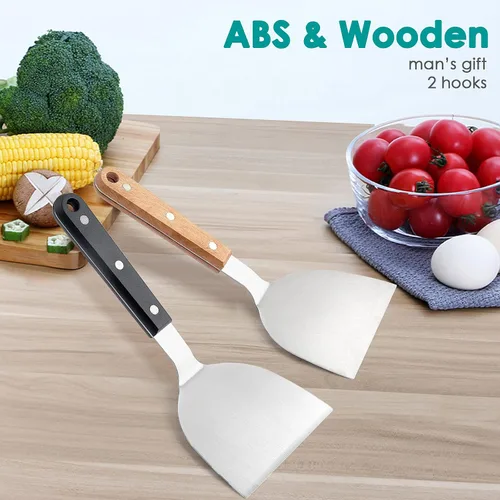 Vista 7 de HaSteeL - Juego de 2 espátulas de metal para plancha de acero inoxidable con asas de plástico ABS, herramientas profesionales para plancha