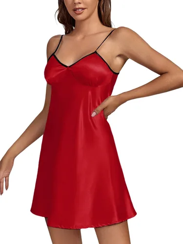 Vista 3 de LYANER Camisón de satén con cuello en V y tirantes delgados para mujer