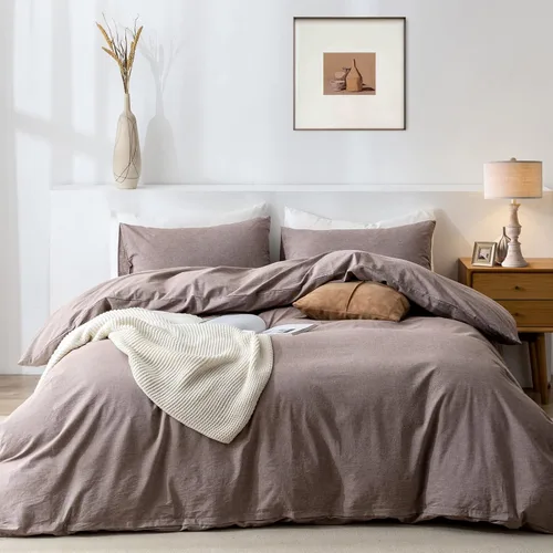 Vista 23 de Juego de funda de edredón Queen de 100% algodón lavado 3 piezas, ropa de cama suave, cómoda y transpirable con toque de lino, 1 funda de edredón y 2