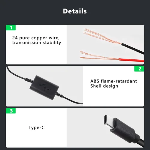 Vista 3 de XMSJSIY Kit de fusible de cámara para salpicadero, cable duro USB-C tipo C, convierte 12 V-36 V a 5 V/2.5 A, cable de alimentación para cargador DVR