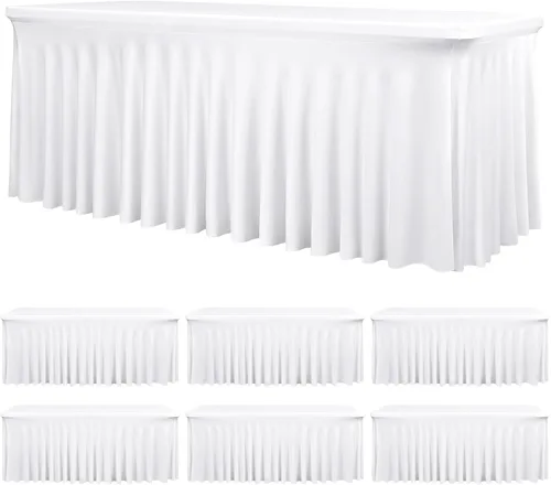 Vista 24 de fani Paquete de 2 faldas de mesa elásticas negras para mesa rectangular de 6 pies, manteles elásticos de elastano lavables con falda, mantel