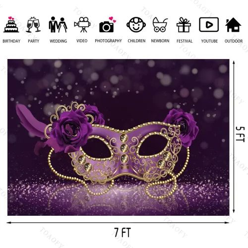 Vista 4 de TAYBYC133 TAYBYC133 - Máscara de fondo de fotografía de 7 x 5 pies, fondo de Mardi Gras, máscara morada para niñas y adultos, fiesta de máscaras