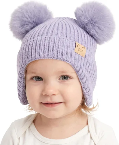 Vista 8 de C.C Gorro de Bebé con Doble Pompón de Piel con Orejeras para Niños y Niñas - Gorro de Punto Skully Cómodo, Suave y Cálido para Bebés, Niños Pequeños
