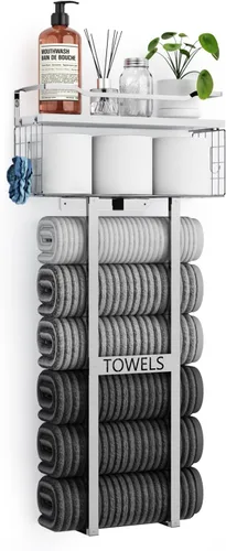 Vista 13 de Aetyord Toallero para Baño de 31 Pulgadas Montado en Pared, Estante Flotante con Tablero de Madera, Almacenamiento de Toallas para Baño que Puede