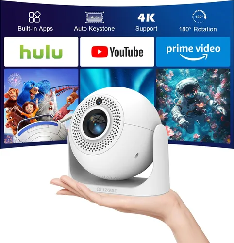Vista 8 de Mini proyector con WiFi y Bluetooth, proyector de películas para techo de dormitorio 4K Supported, 180° Rotatable, Built-in Apps, Auto Keystone &