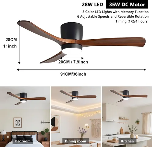 Vista 3 de Ventilador de techo negro de 36 pulgadas con luz y control remoto, moderno ventilador de techo para interiores con aspas de madera maciza, motor CC